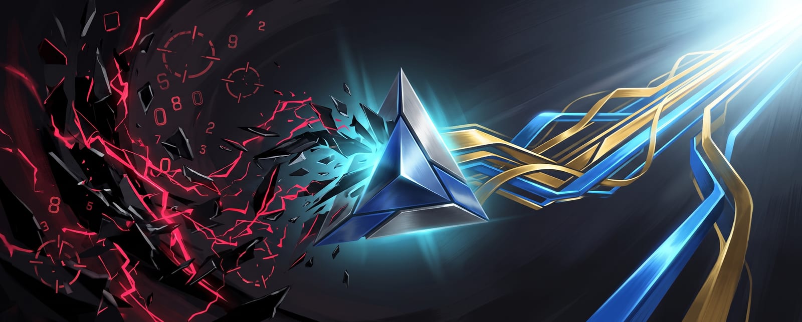 Red shards and crosshairs breaking apart into a focused blue and gold path