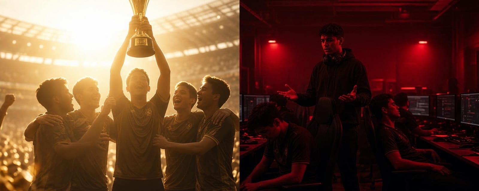 A team lifting a trophy in golden light beside a team slumped in a dark red practice room